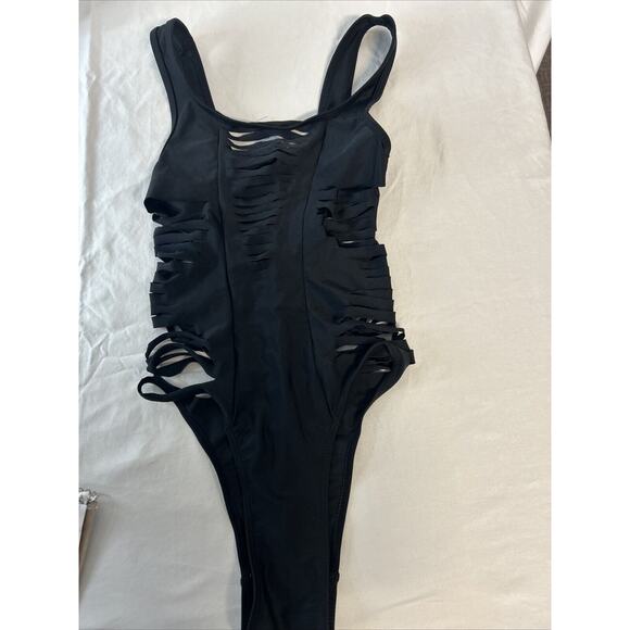 Top Melon Sexy 1 Piece Swimsuit Black Sliced Size Large Photoshoot Rave EUC - Picture 1 of 8